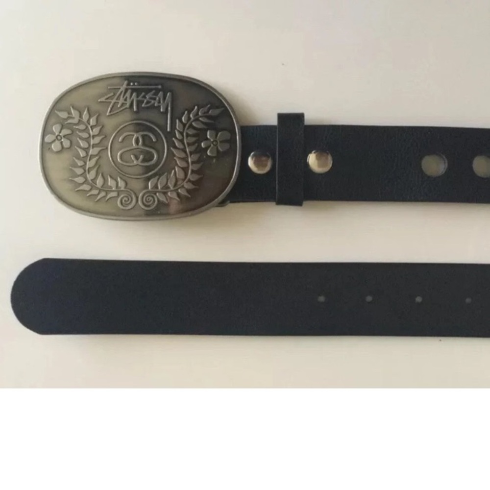 Stussy Black Belt with Silver Floral Buckle Size L-XL